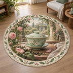 Complete round outline with botanical ring and central lidded bowl. Celadon gaiwan and rose garden printed 3D artwork.