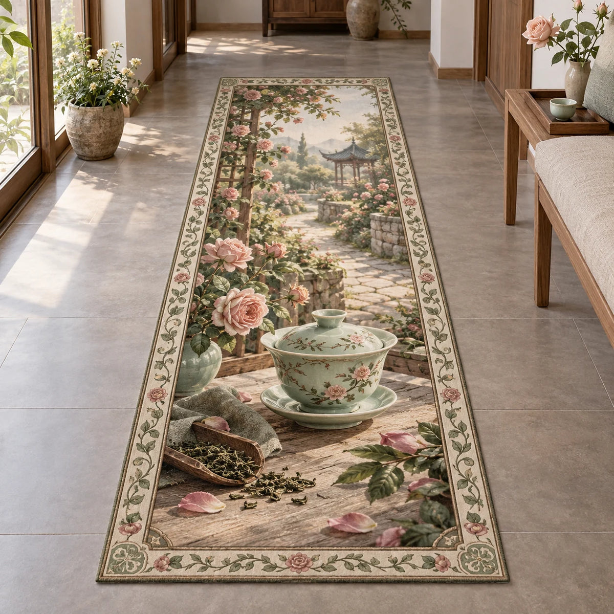 Long complete outline; tea scoop and gaiwan lead toward a garden path and pavilion. Celadon gaiwan and rose garden printed 3D artwork.
