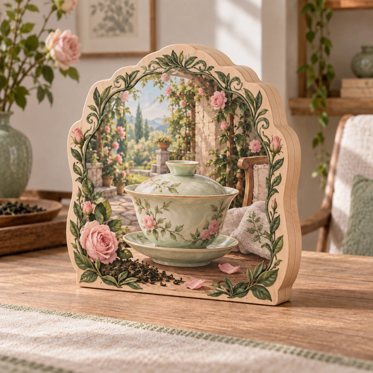 Revised side has three broad aligned slabs; stable base and uninterrupted printed face. Celadon gaiwan and rose garden printed 3D artwork.