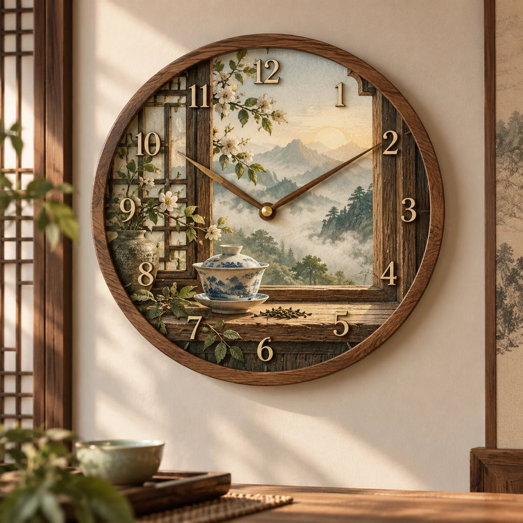 Gaiwan Window Pause Wooden Wall Clock with printed dimensional artwork