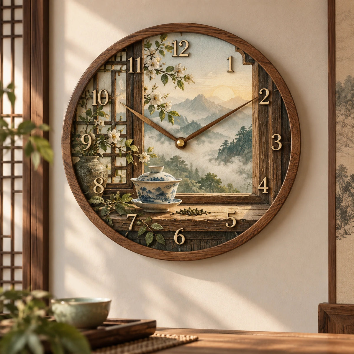 Gaiwan Window Pause Wooden Wall Clock with printed dimensional artwork