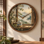 Gaiwan Window Pause Wooden Wall Clock with printed dimensional artwork