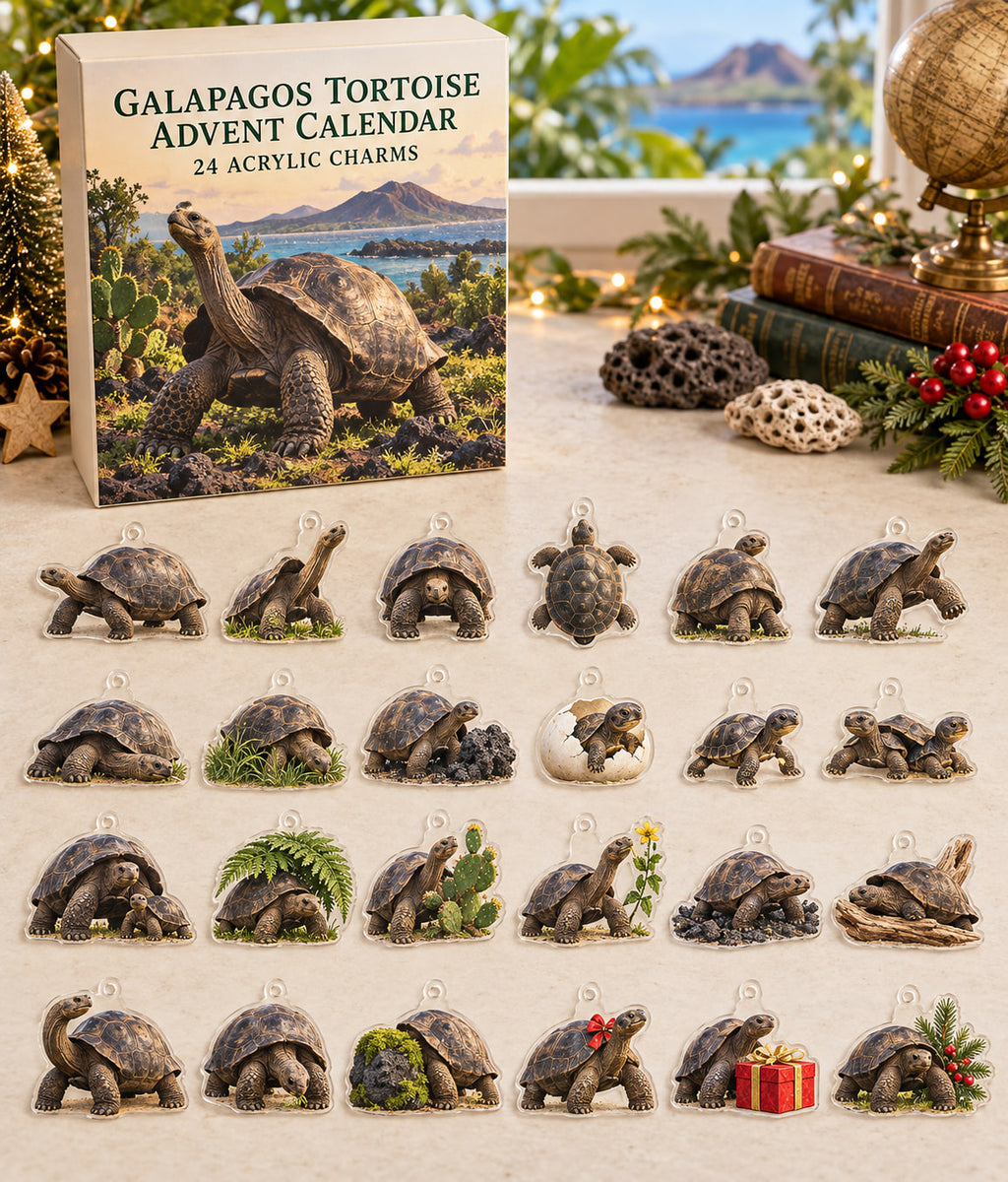 Galapagos Tortoise advent calendar with 24 custom-shaped flat acrylic charms and printed dimensional artwork
