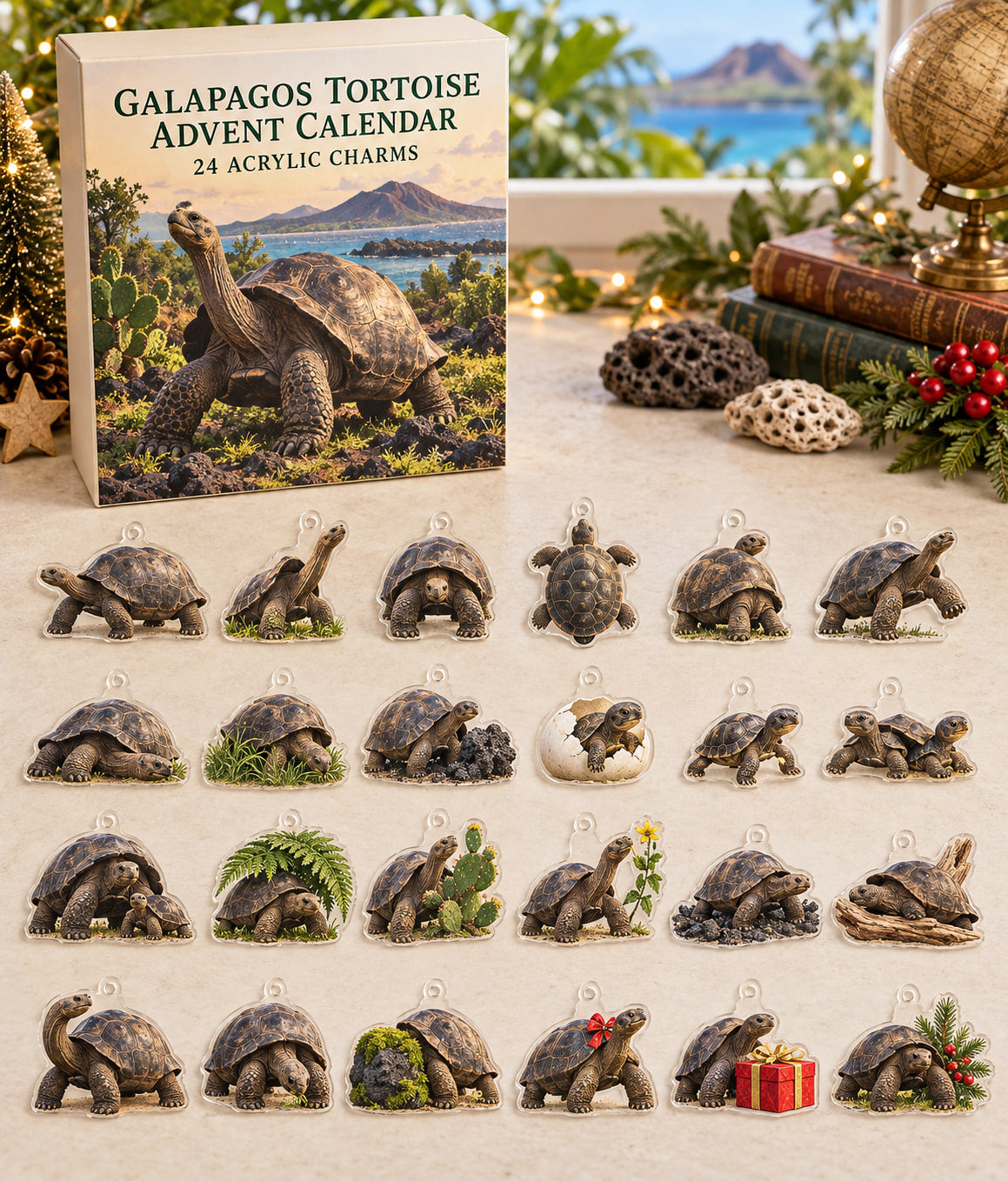 Galapagos Tortoise advent calendar with 24 custom-shaped flat acrylic charms and printed dimensional artwork