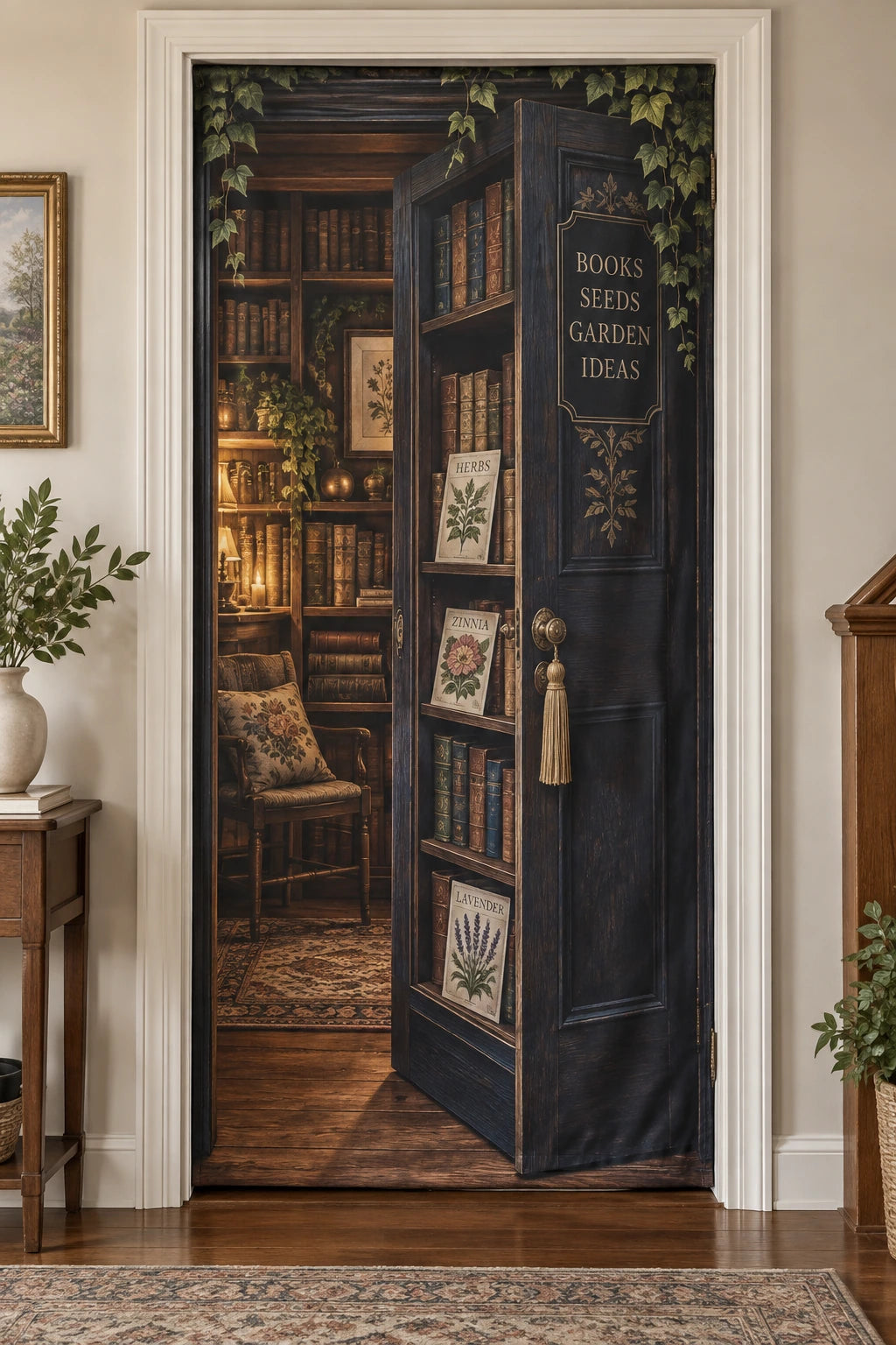 Garden Book Collector Hidden Door Fabric Door Cover with printed dimensional artwork