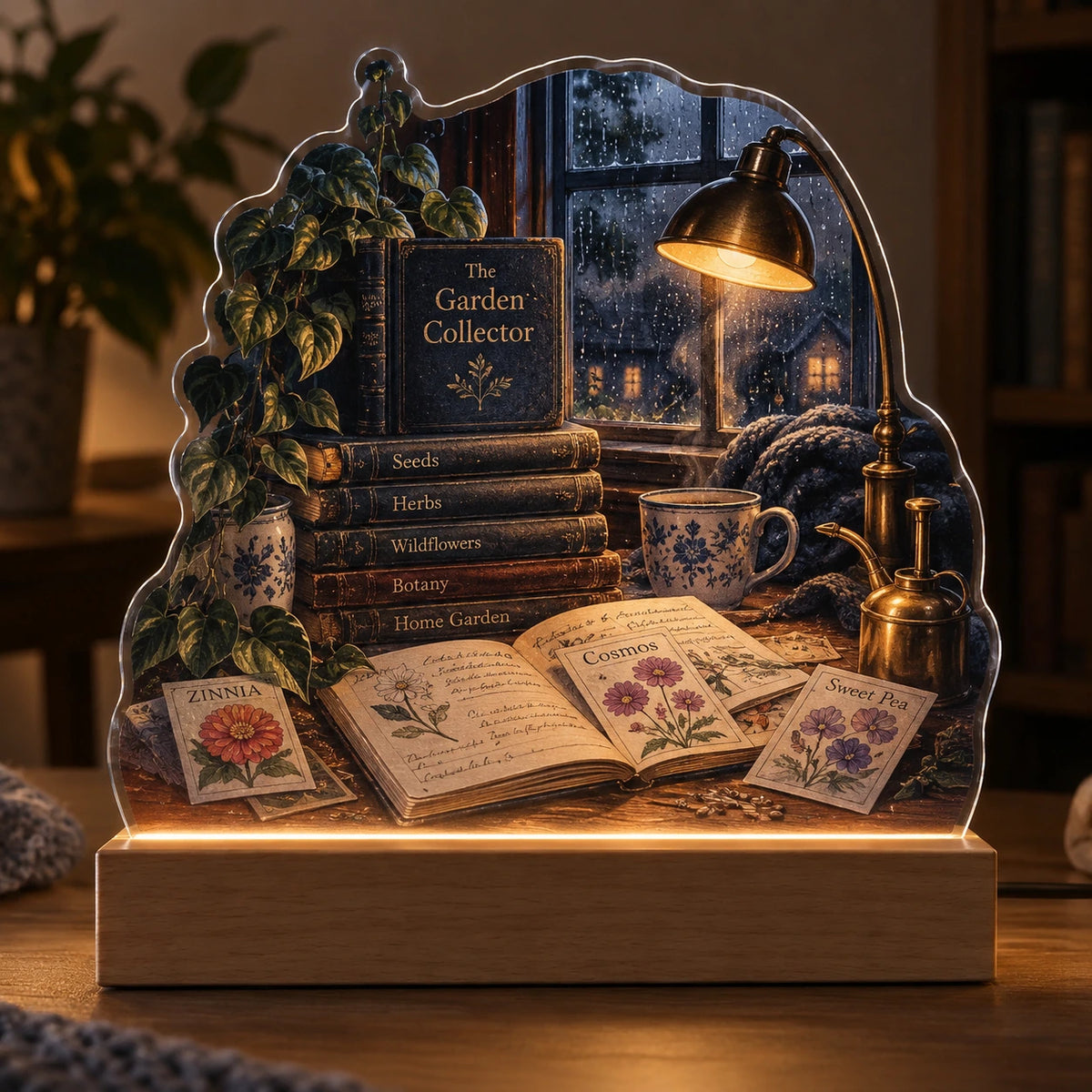 Garden Book Collector Rainy Afternoon Acrylic Night Light with printed dimensional artwork
