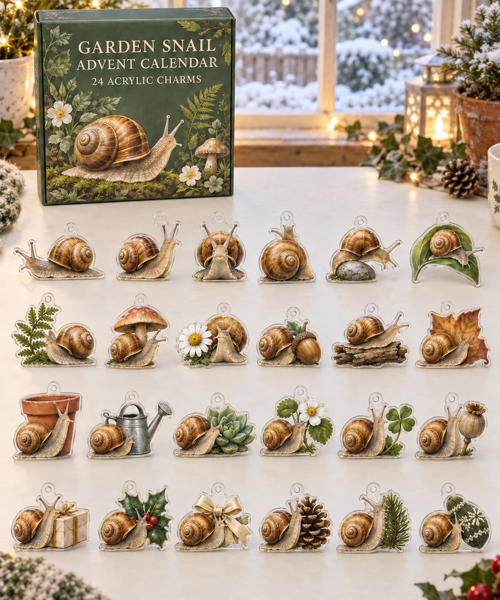 Garden Snail advent calendar with 24 custom-shaped flat acrylic charms and printed dimensional artwork