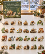 Garden Snail advent calendar with 24 custom-shaped flat acrylic charms and printed dimensional artwork