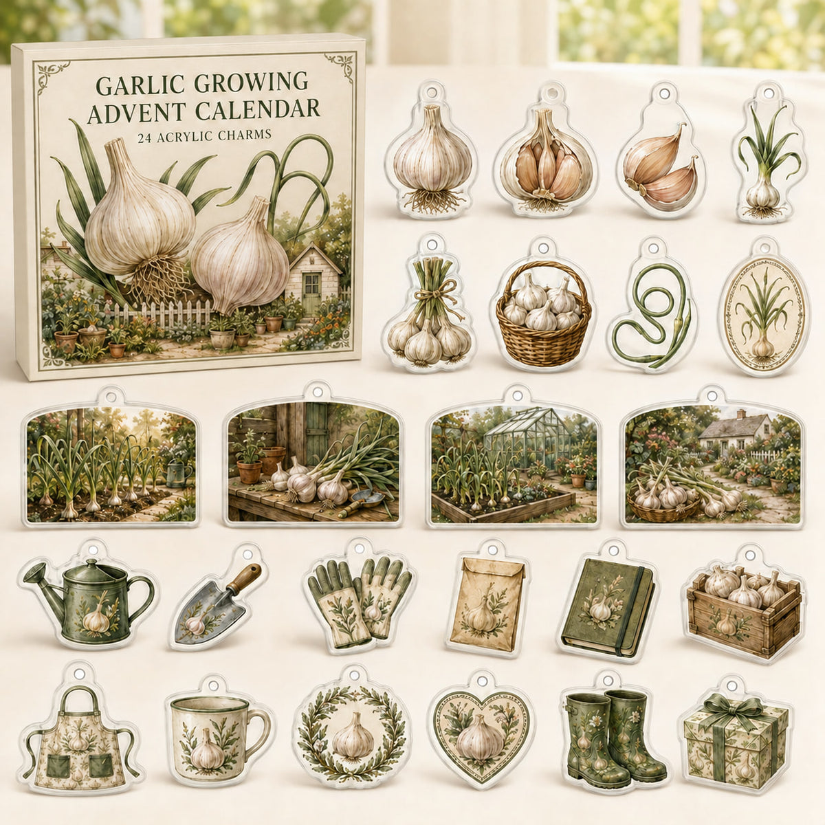 Garlic Growing advent calendar box with 24 themed printed acrylic charms