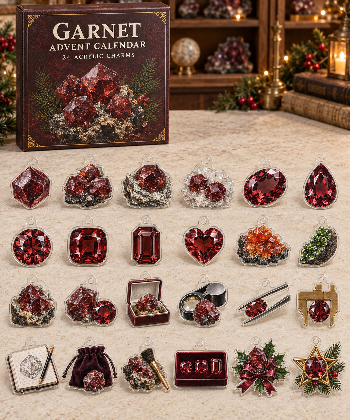 Garnet advent calendar with 24 custom-shaped flat acrylic charms and printed dimensional artwork