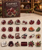 Garnet advent calendar with 24 custom-shaped flat acrylic charms and printed dimensional artwork
