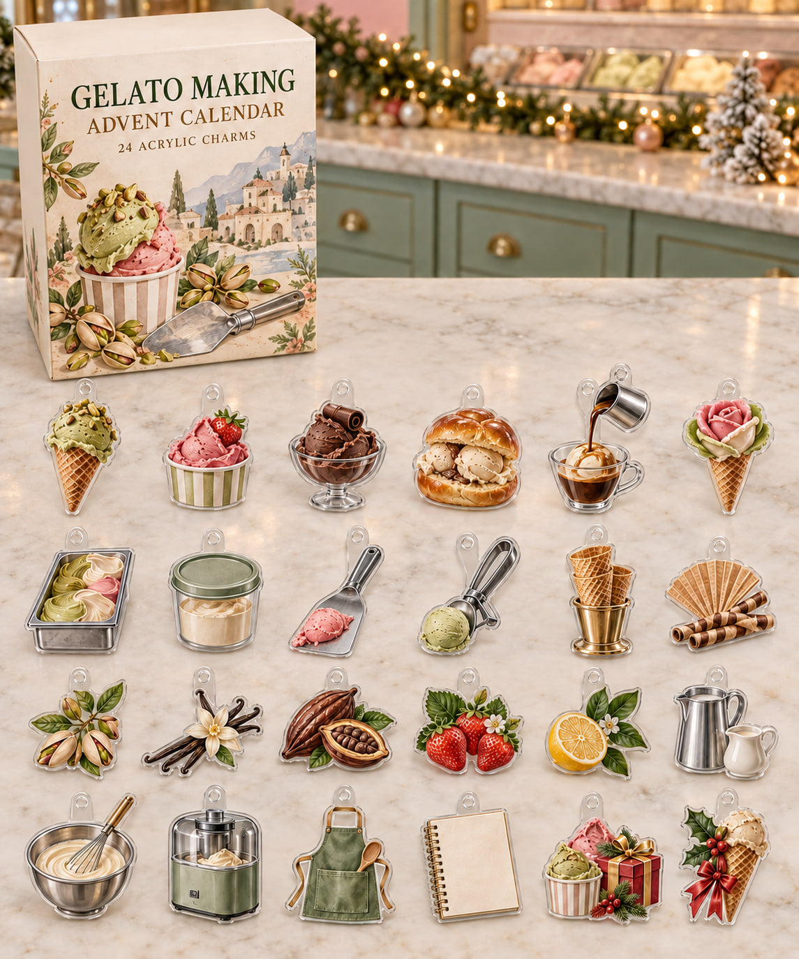 Gelato Making advent calendar with 24 custom-shaped flat acrylic charms and printed dimensional artwork