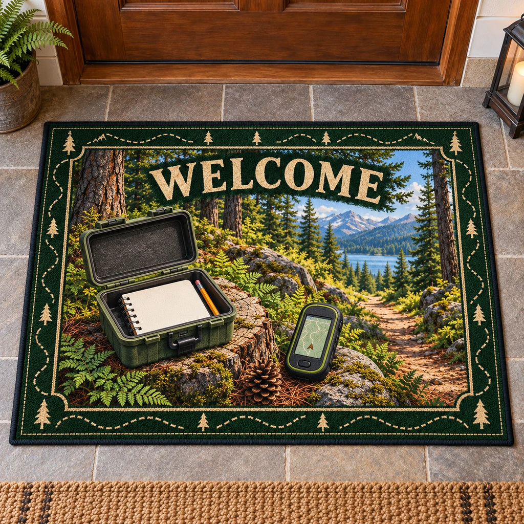 Geocaching Woodland Find Doormat with printed optical 3D artwork
