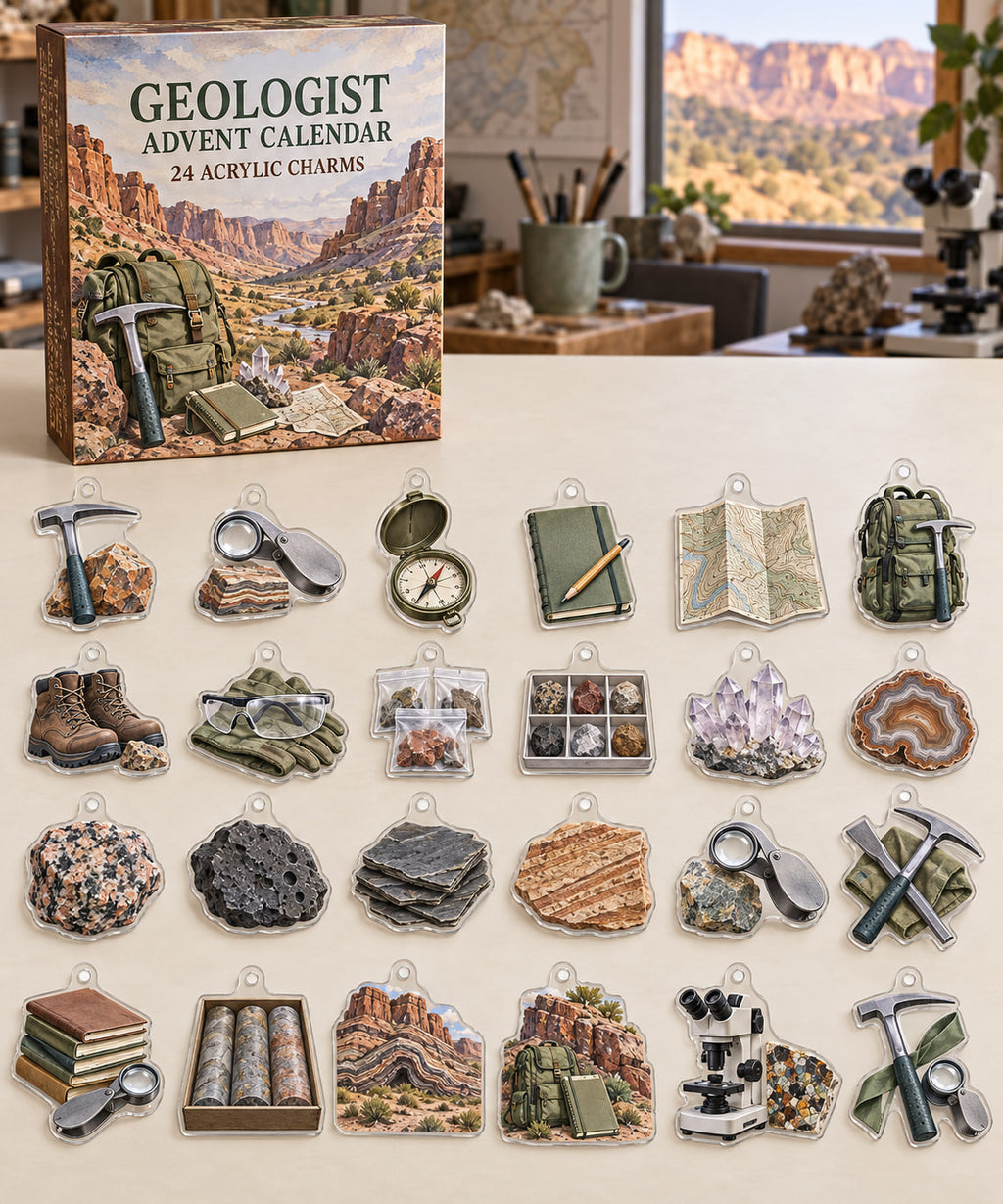 Geologist advent calendar with 24 custom-shaped flat acrylic charms and printed dimensional artwork