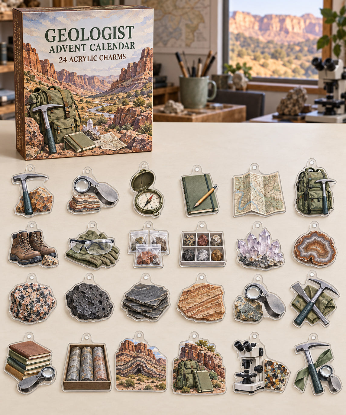 Geologist advent calendar with 24 custom-shaped flat acrylic charms and printed dimensional artwork