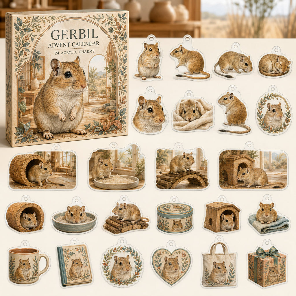 Gerbil advent calendar box with 24 themed flat printed acrylic charms