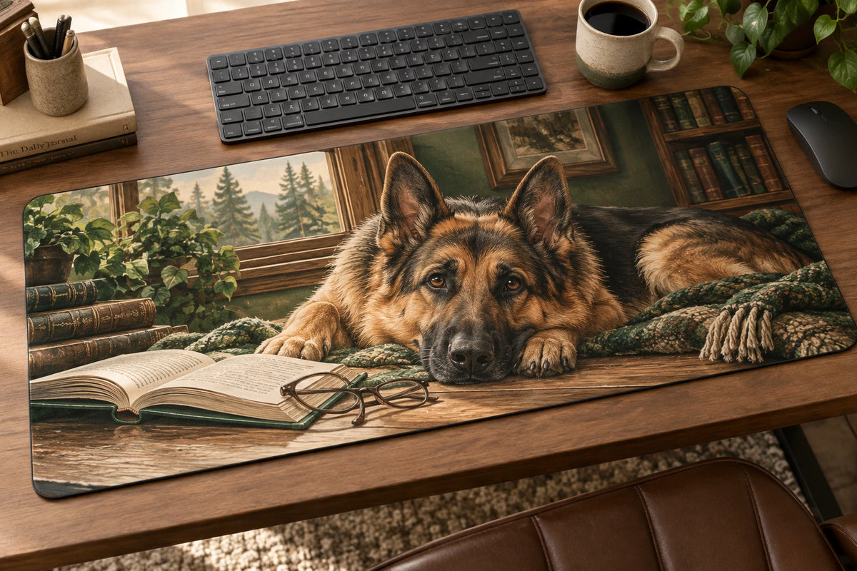 German Shepherd Reading Companion Desk Mat with printed dimensional artwork