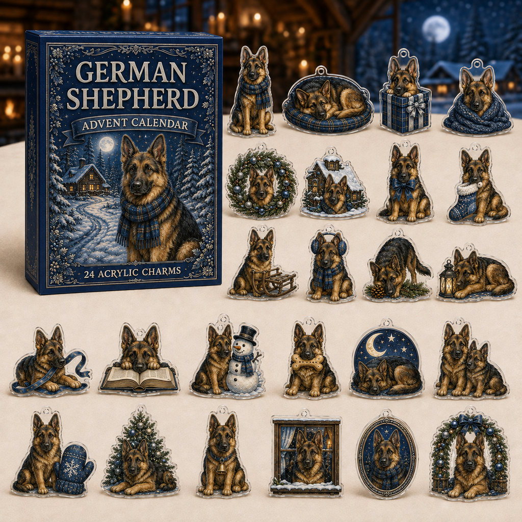German Shepherd advent calendar box and full set of 24 illustrated acrylic charms on a light tabletop