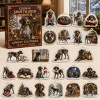 German Shorthaired Pointer advent calendar box and 24 illustrated acrylic charms displayed on an ivory tabletop in a winter setting