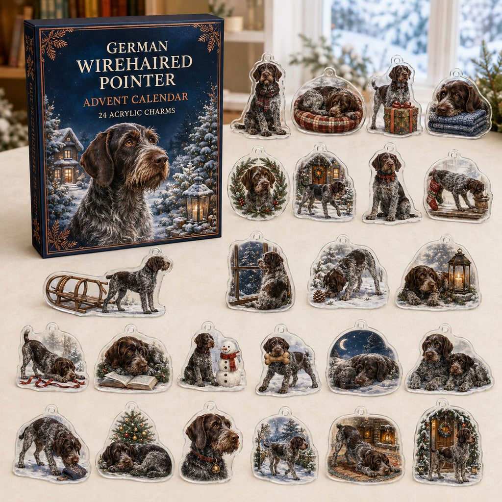 German Wirehaired Pointer advent calendar box and 24 illustrated acrylic charms displayed on an ivory tabletop in a winter setting
