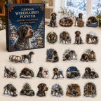 German Wirehaired Pointer advent calendar box and 24 illustrated acrylic charms displayed on an ivory tabletop in a winter setting