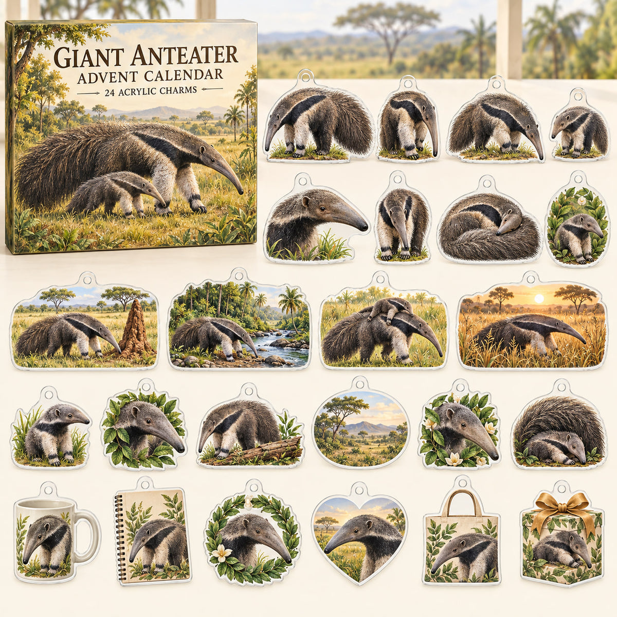 Giant Anteater advent calendar box with 24 themed flat printed acrylic charms