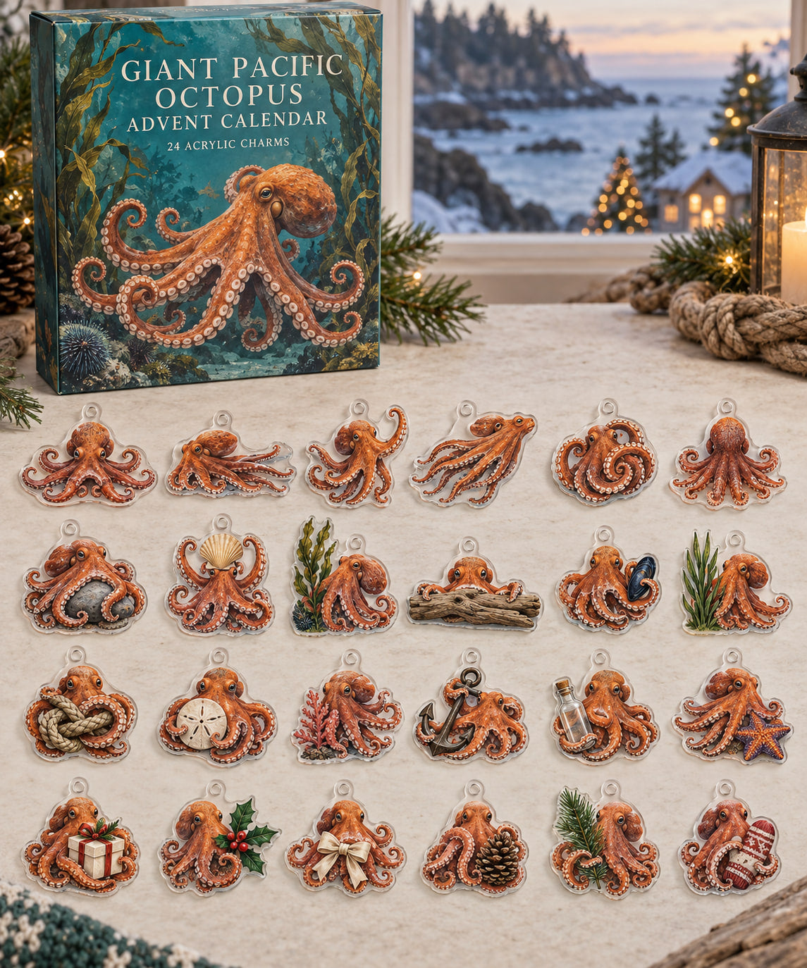 Giant Pacific Octopus advent calendar with 24 custom-shaped flat acrylic charms and printed dimensional artwork