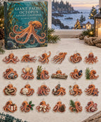 Giant Pacific Octopus advent calendar with 24 custom-shaped flat acrylic charms and printed dimensional artwork