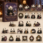 Giant Panda advent calendar box and full set of 24 illustrated acrylic charms on a light tabletop
