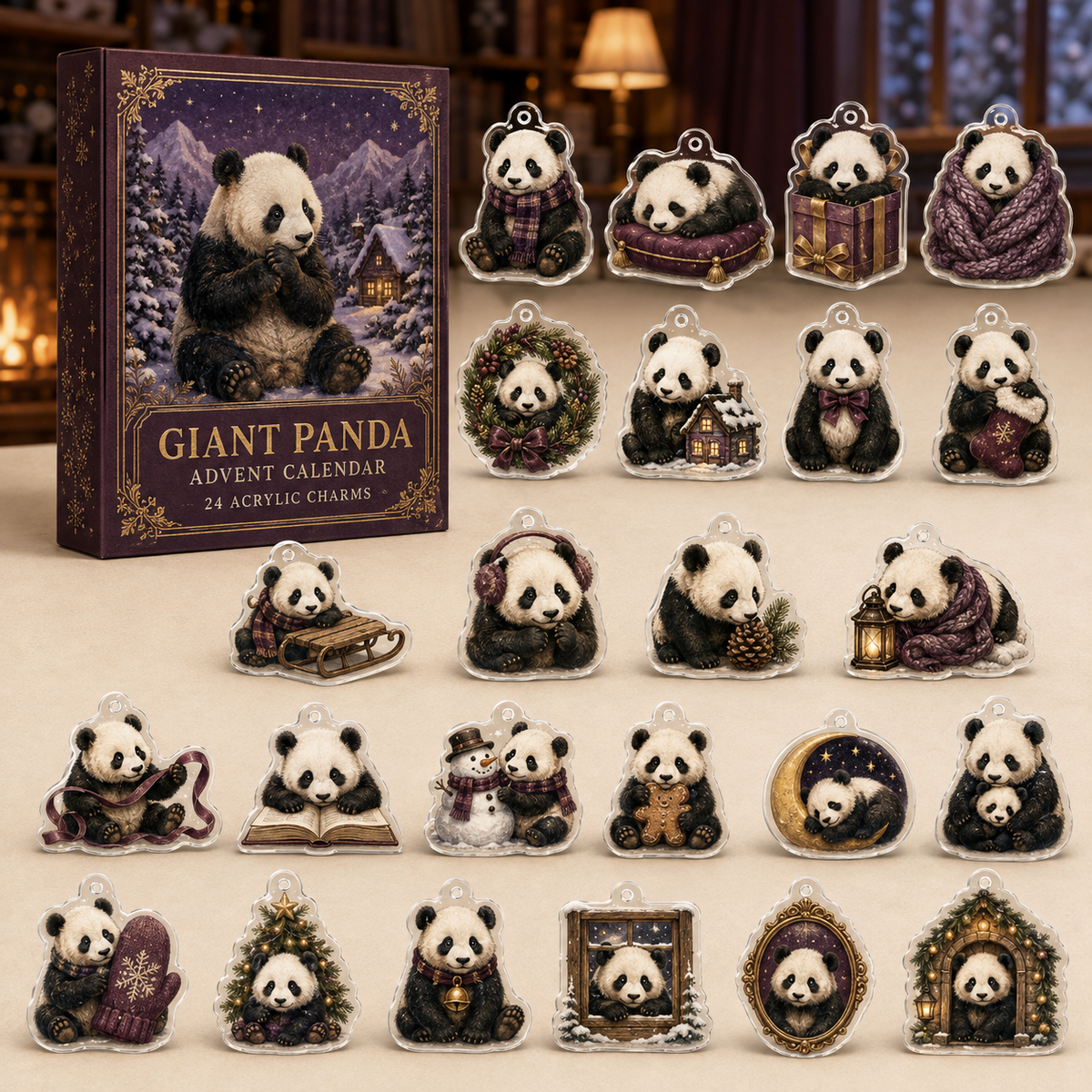 Giant Panda advent calendar box and full set of 24 illustrated acrylic charms on a light tabletop