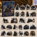 Giant Schnauzer advent calendar box and 24 illustrated acrylic charms displayed on an ivory tabletop in a winter setting