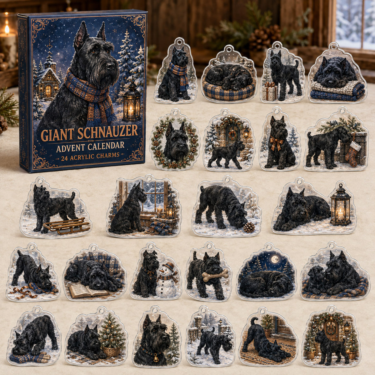 Giant Schnauzer advent calendar box and 24 illustrated acrylic charms displayed on an ivory tabletop in a winter setting
