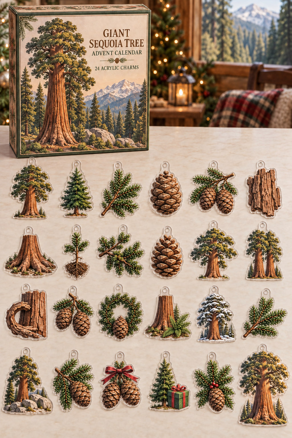 Giant Sequoia Tree advent calendar with 24 custom-shaped flat acrylic charms and printed dimensional artwork