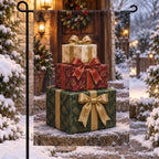 Gift Stack Garden Flag with flat printed wrapped presents and recessed snowy porch depth; stand not included.