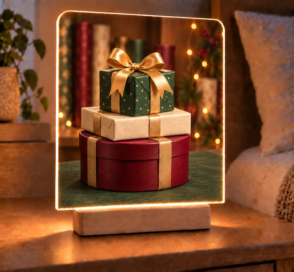 Christmas Gift Stack Ribbon Room Acrylic Night Light with printed paper and gold ribbon depth