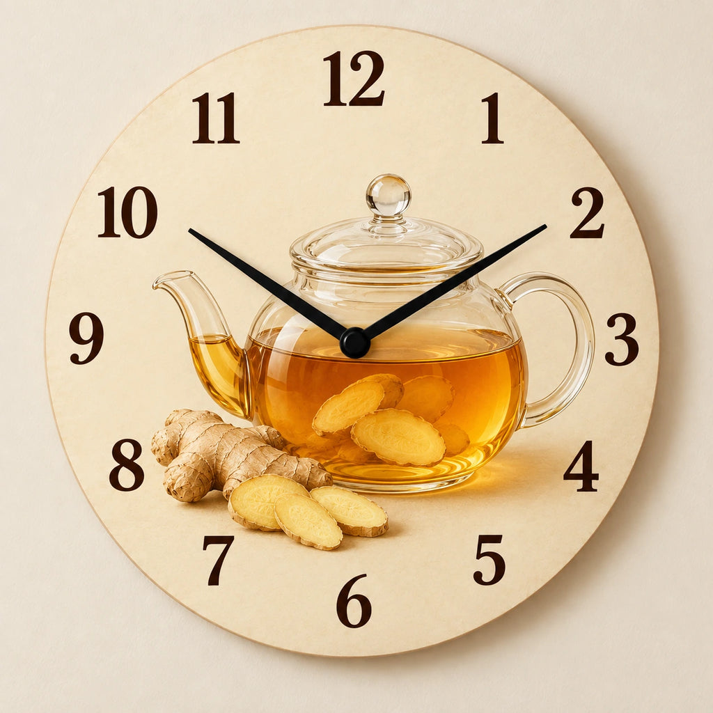 Ginger Tea Glass Infusion Wooden Wall Clock with printed transparent teapot and ginger depth