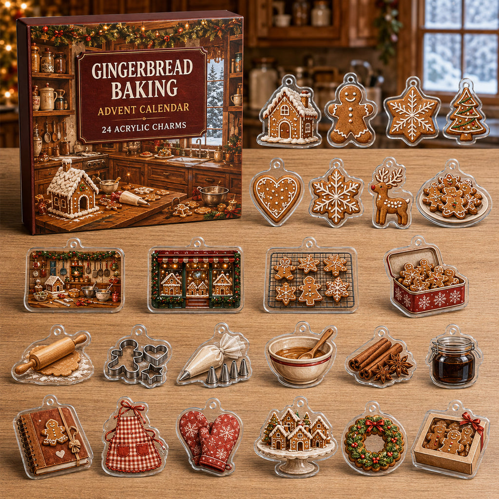 Gingerbread Baking advent calendar box and 24 decorative printed acrylic charms, not food