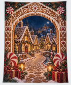 Gingerbread Christmas Village Fleece Blanket with a printed archway and receding candy lane