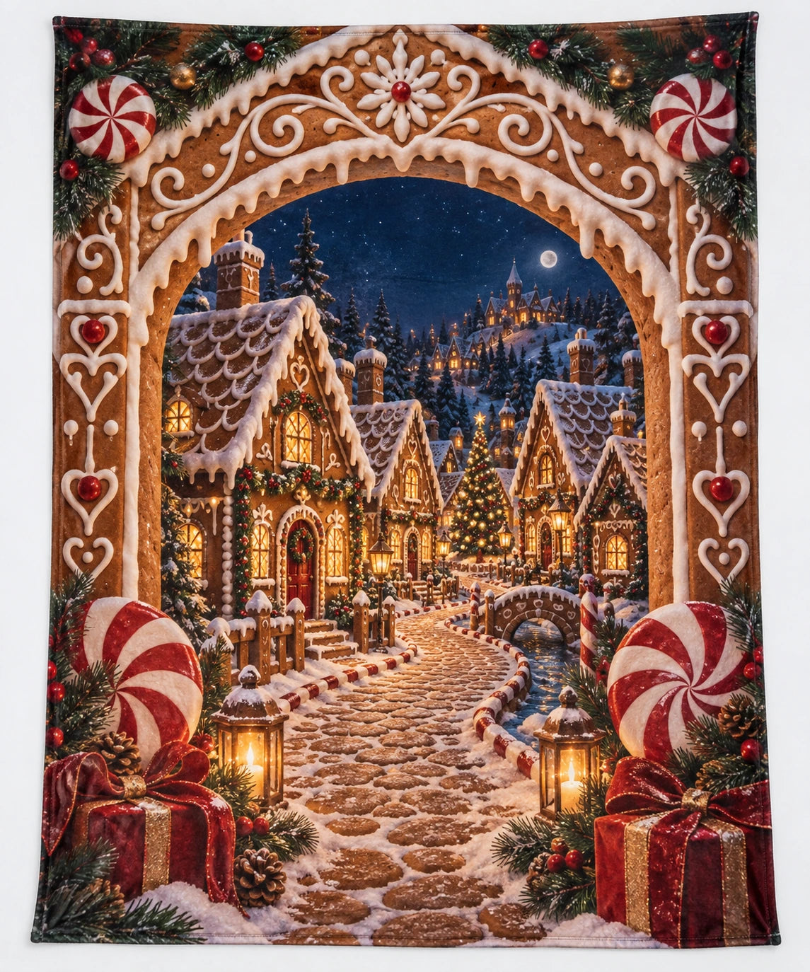 Gingerbread Christmas Village Fleece Blanket with a printed archway and receding candy lane