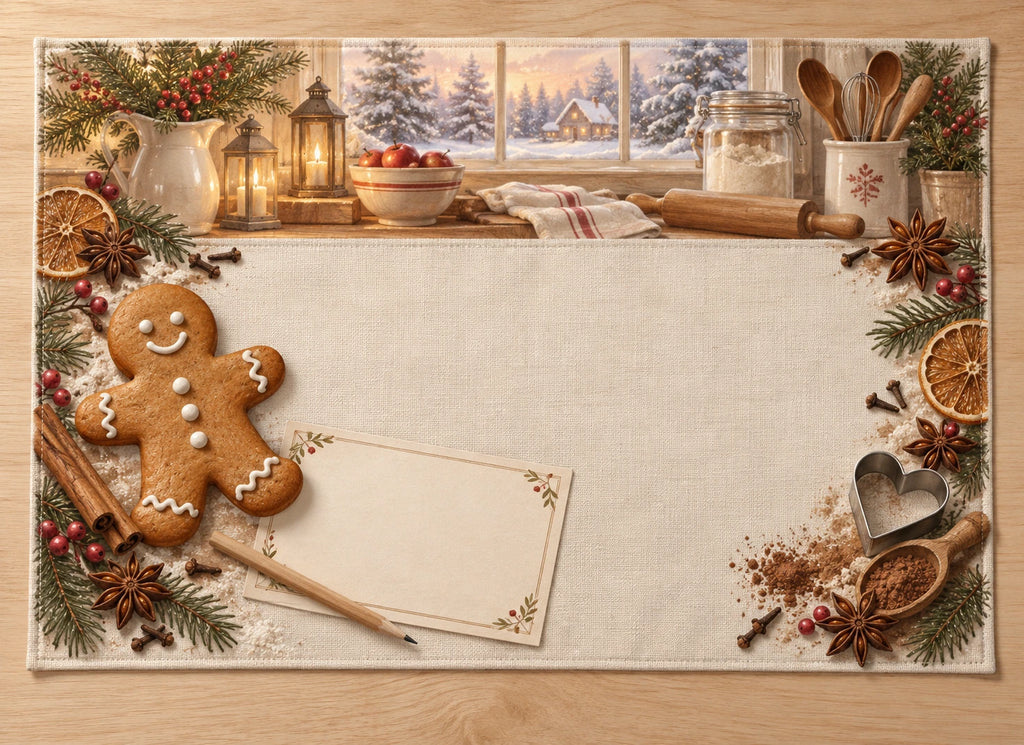 Gingerbread Christmas Kitchen Placemat with flat printed dimensional bakery artwork