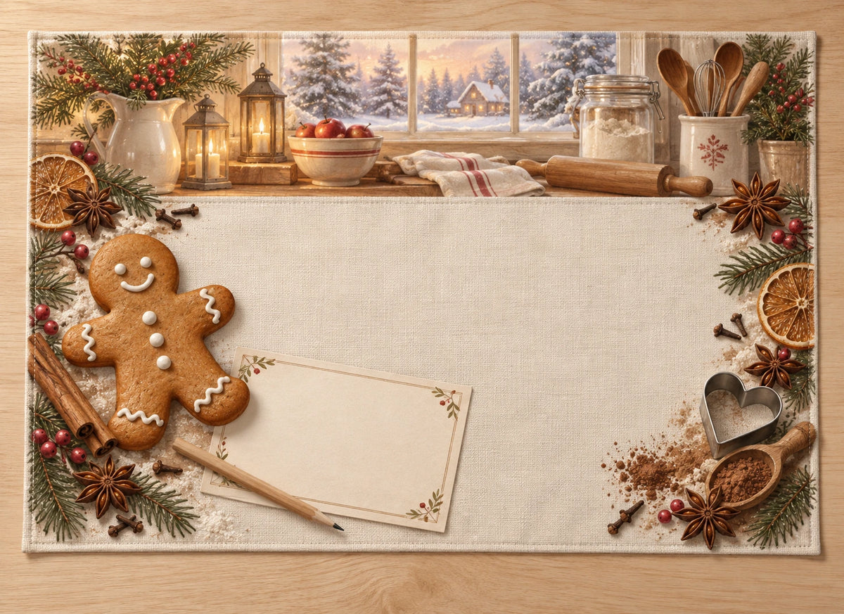 Gingerbread Christmas Kitchen Placemat with flat printed dimensional bakery artwork