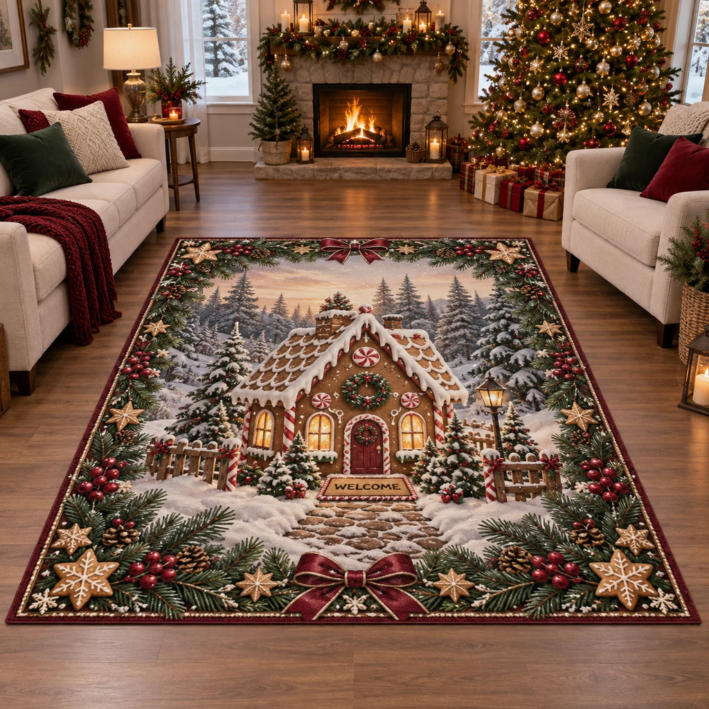 Full rectangular rug with visible corners, evergreen and cookie-star border, burgundy bows and gingerbread cottage.