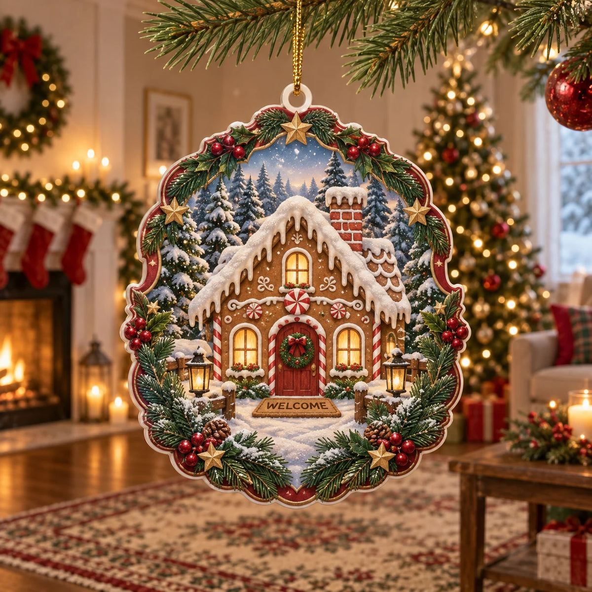Full acrylic ornament with supported gold cord; holly, evergreen and golden-star border around a snowy gingerbread house.