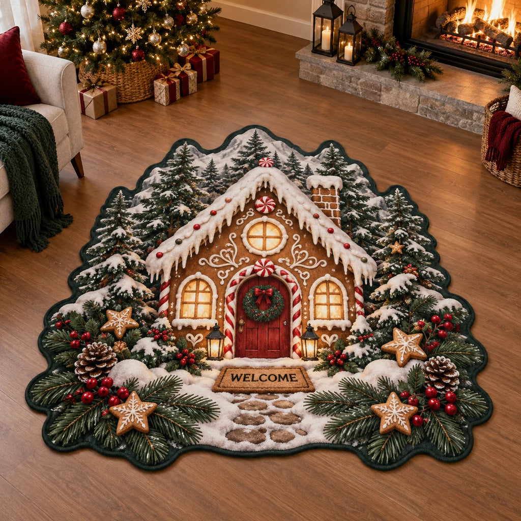 Full custom silhouette with dark green binding around fir trees, iced gingerbread house, pinecones and cookie stars.