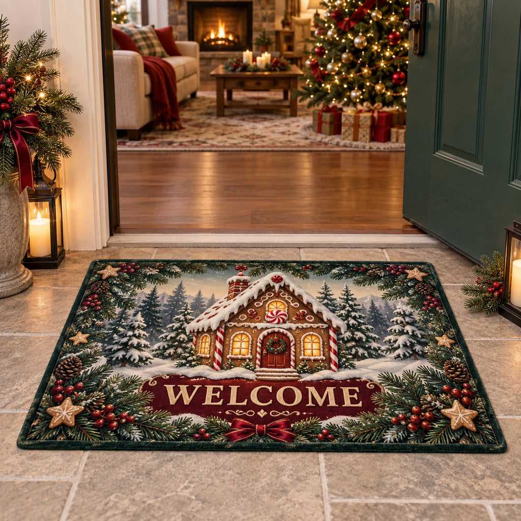 Full rectangular doormat with correct WELCOME on burgundy panel, gingerbread cottage and evergreen cookie-star border.