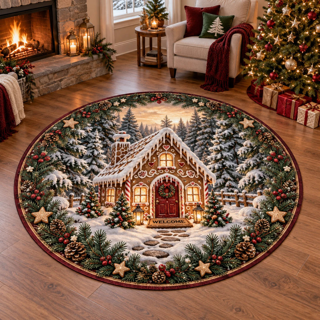 Full circular rug with evergreen, berry, pinecone and cookie-star ring around an iced gingerbread cottage in snowy fir trees.