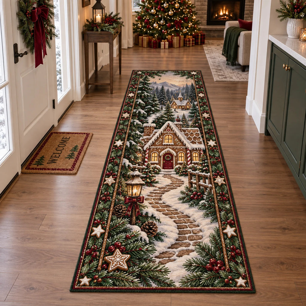 Full runner with a winding snowy path leading past gingerbread cottages, framed by evergreen and star-cookie motifs.