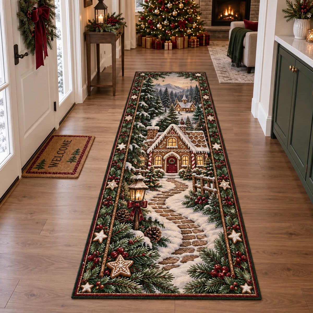 Full runner with a winding snowy path leading past gingerbread cottages, framed by evergreen and star-cookie motifs.
