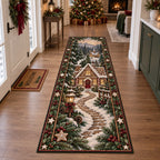 Full runner with a winding snowy path leading past gingerbread cottages, framed by evergreen and star-cookie motifs.