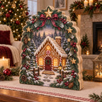 Full tabletop wood block with three aligned full-height panels, two contour joins and continuous gingerbread scene framed by evergreen and gold stars.